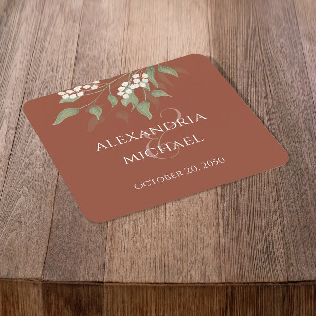 Terracotta Elegant Greenery Calligraphy Ampersand Square Paper Coaster (Terracotta simple greenery floral paper coaster with calligraphy ampersand. )
