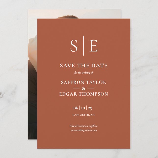 Terracotta Elegant Monogram Photo Wedding Save The Date (Front/Back)