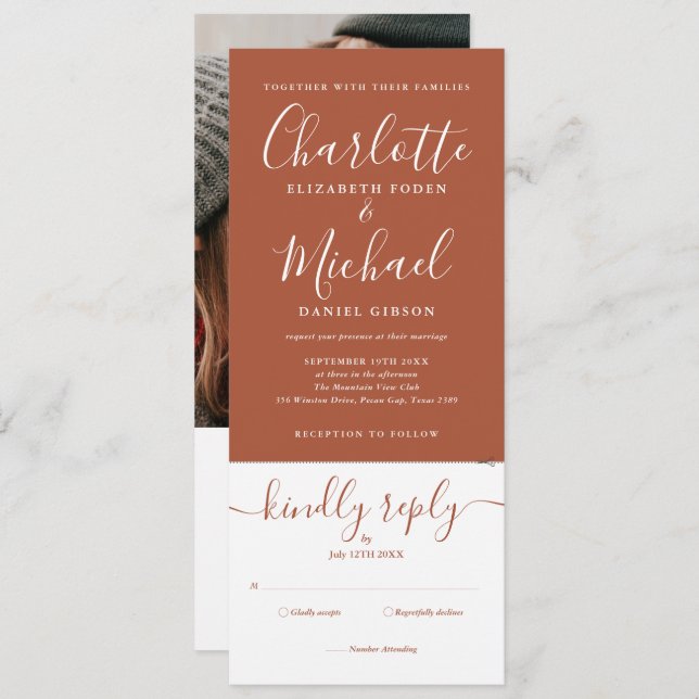 Terracotta Elegant Script All In One Photo Wedding Invitation (Front/Back)
