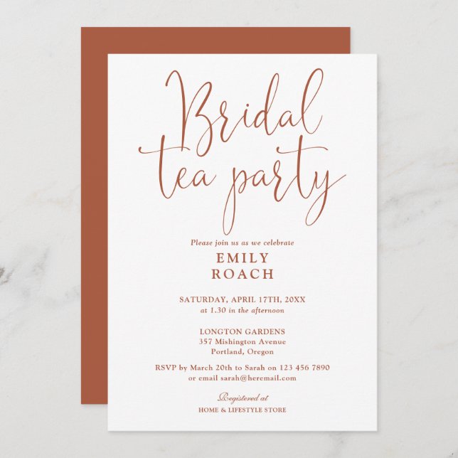Terracotta Elegant Script Bridal Tea Party Shower Invitation (Front/Back)