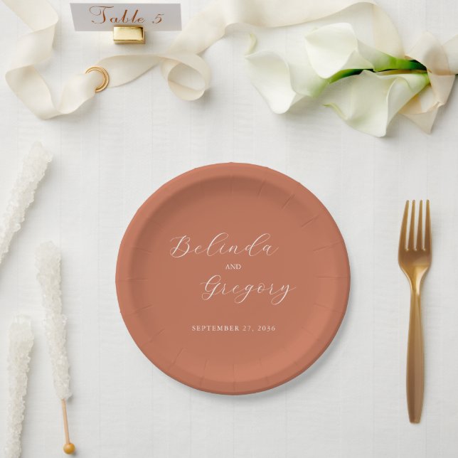 Terracotta Elegant Script Calligraphy Wedding  Paper Plate (Wedding)
