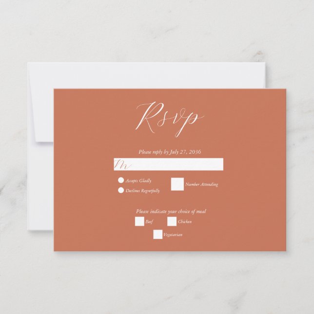 Terracotta Elegant Script Calligraphy Wedding RSVP Card (Front)