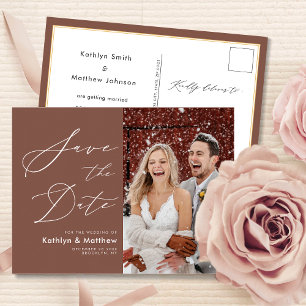 Terracotta Elegant Script Modern Save The Date  Announcement Postcard