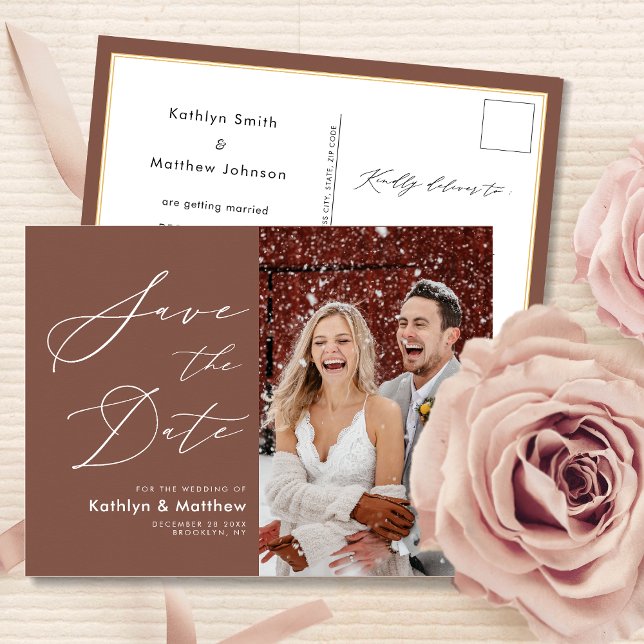 Terracotta Elegant Script Modern Save The Date  Announcement Postcard (Creator Uploaded)