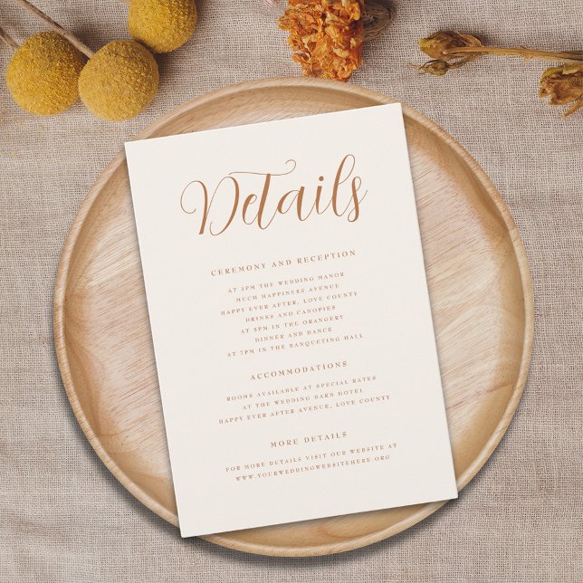 Terracotta Elegant Script Modern Wedding details  Enclosure Card (Terracotta burnt orange beige cream Elegant script fall Wedding details card)
