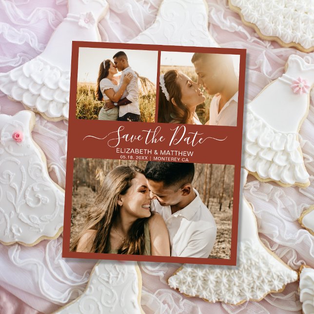Terracotta Elegant Script Photo Collage Wedding Save The Date (Creator Uploaded)