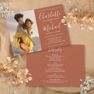 Terracotta Elegant Script Photo Wedding All In One Invitation