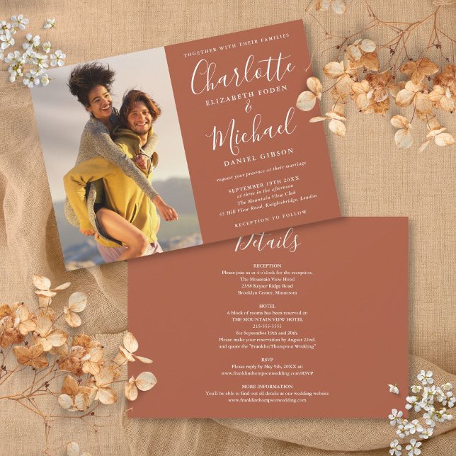 Terracotta Elegant Script Photo Wedding All In One Invitation (Terracotta Elegant Script Photo Wedding All In One Invitation)