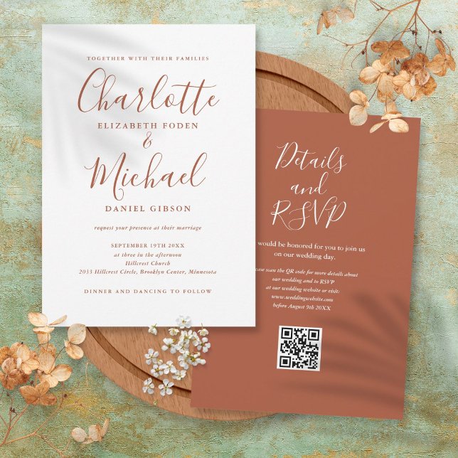 Terracotta Elegant Script QR Code Wedding Invitation (Terracotta Elegant Script QR Code Wedding Invitation)