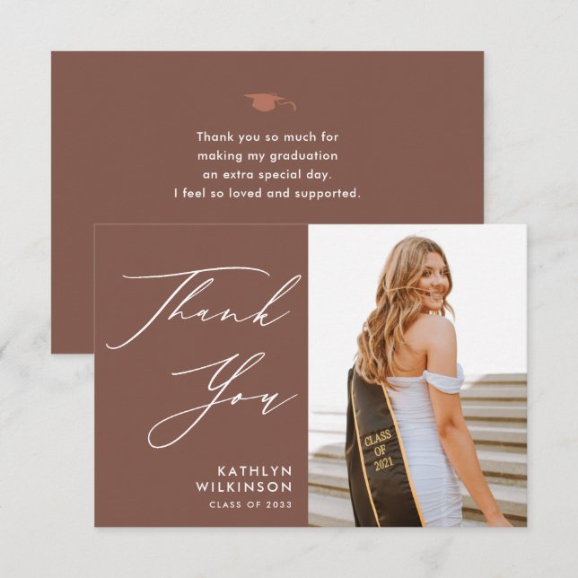 Terracotta Elegant Script Simple Photo Graduation Thank You Card (Front/Back)