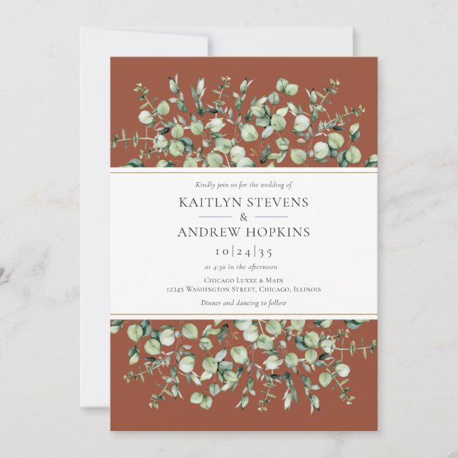 Terracotta Eucalyptus All In One Wedding Invitation (Front)