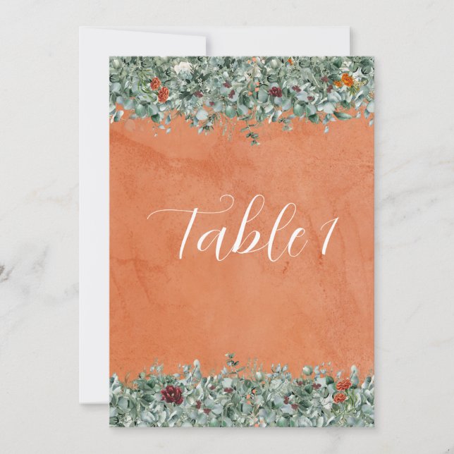 Terracotta Eucalyptus Burgundy Orange Floral Table Invitation (Front)