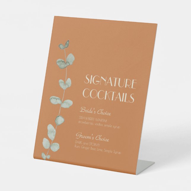 Terracotta Eucalyptus Deco Wedding Cocktail Menu Pedestal Sign (Front)