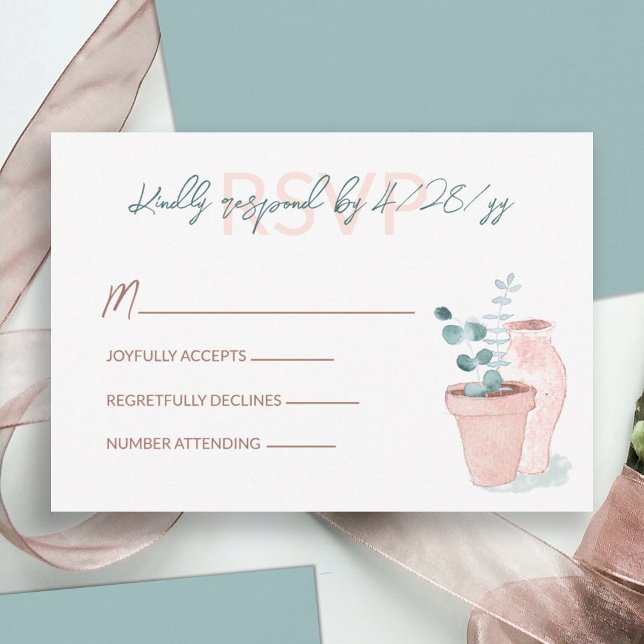 Terracotta, Eucalyptus Green Wedding RSVP Card (light terracotta clay pot light green eucalyptus leaves wedding rsvp response reply enclosure card)