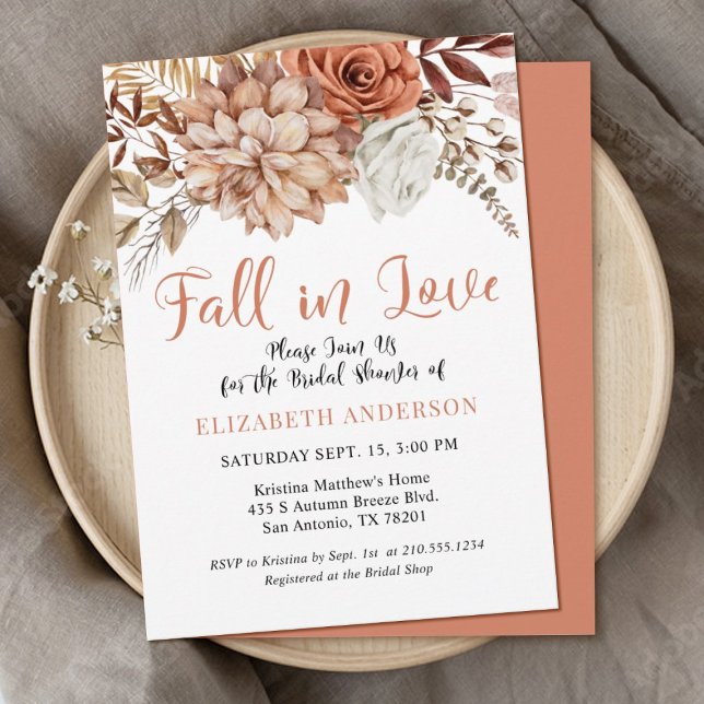 Terracotta Fall Boho Floral Bridal Shower Invitation (An elegant terracotta Autumn themed bridal shower invitation with the, words,"Fall in love")