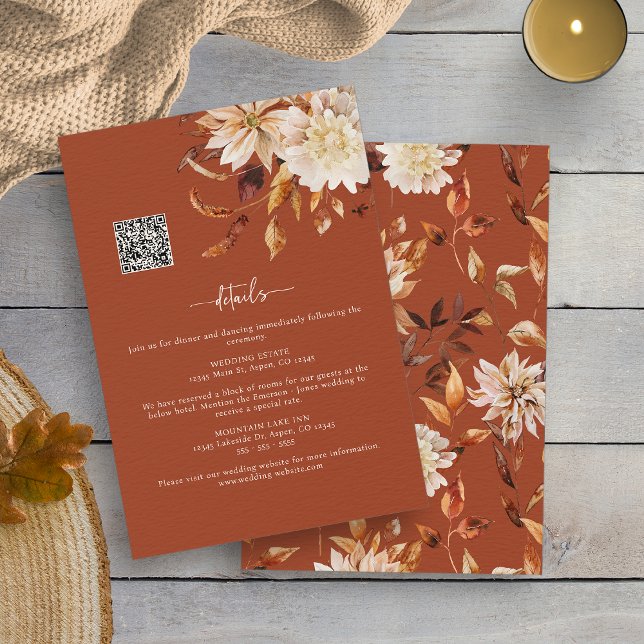 Terracotta Fall Details Enclosure Card (Terracotta Fall Copper Leaves QR Code Details Enclosure Card by Painted Paperie
)