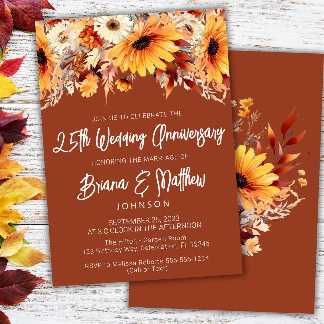 Terracotta Fall Floral 25th Wedding Anniversary  Invitation (Creator Uploaded)