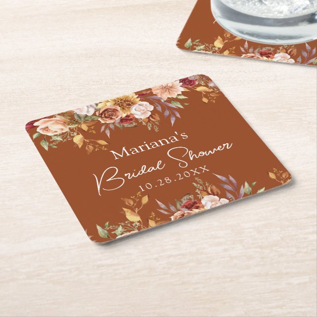 Terracotta Fall Floral Bridal Shower Square Paper Coaster (Angled)