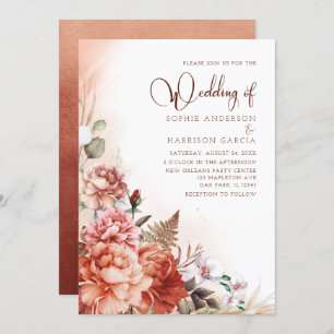 Terracotta Fall Floral Burnt Orange Boho Wedding Invitation