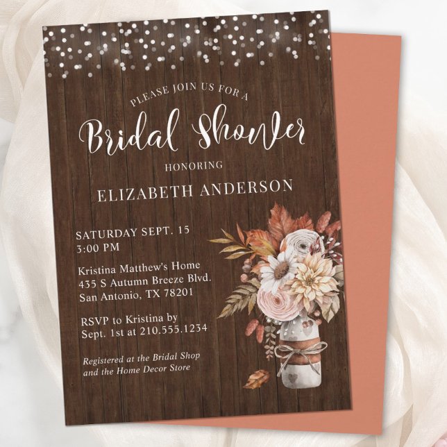 Terracotta Fall Floral Mason Jar Bridal Shower Invitation (An elegant and rustic Autumn bridal shower invitation, featuring a mason jar filled with flowers.)