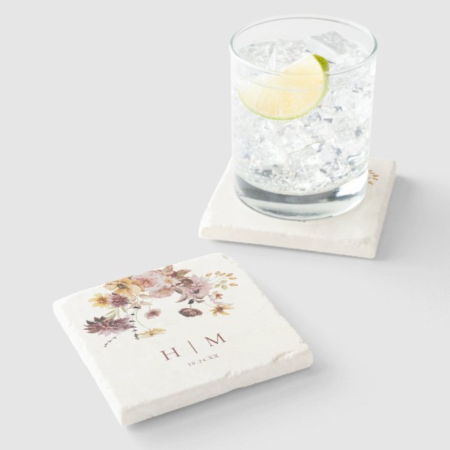 Terracotta Fall Floral Monogram Wedding  Stone Coaster (Side)