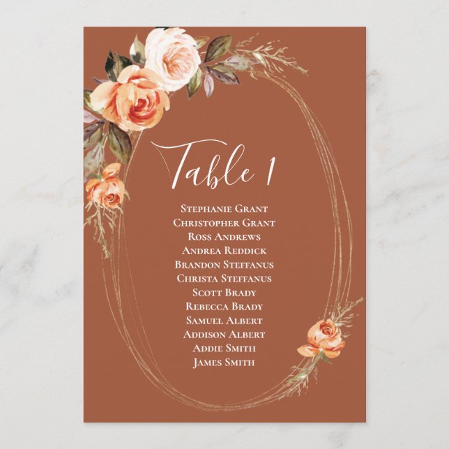 Terracotta Fall Floral Table Number Seating Chart (Front)
