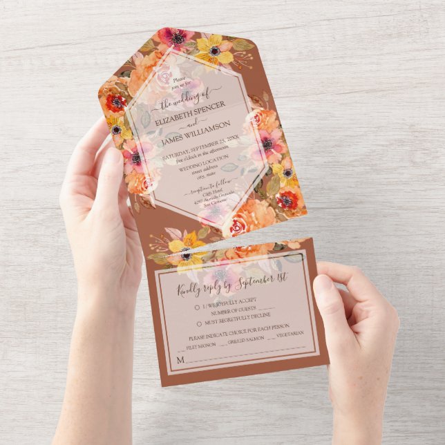 Terracotta Fall Floral Wedding All In One Invitation (Tearaway)