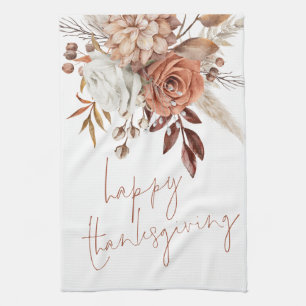 Terracotta Fall Florals Script Happy Thanksgiving Tea Towel
