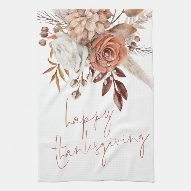  Terracotta Fall Florals Script Happy Thanksgiving Tea Towel (Vertical)