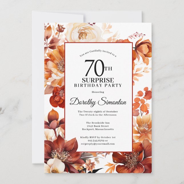 Terracotta Fall Flowers 70th Surprise Birthday Invitation (Front)