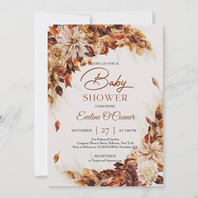 Terracotta fall flowers copper leaves foliage invitation (Front)