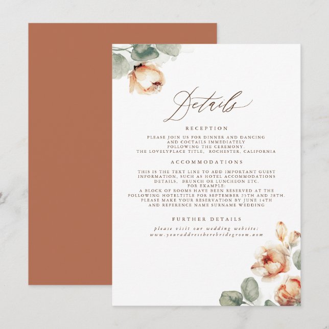 Terracotta Fall Flowers Elegant Wedding Details Enclosure Card (Front/Back)
