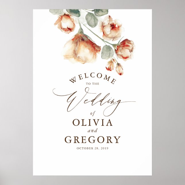 Terracotta Fall Flowers Elegant Wedding Welcome Poster (Front)