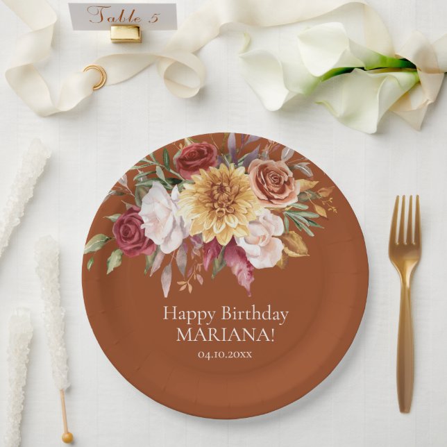 Terracotta Fall Foliage Flowers Birthday Party Paper Plate (Wedding)