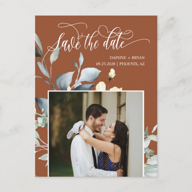Terracotta Fall Green Leaves QR Code Save the Date Announcement Postcard (Front)