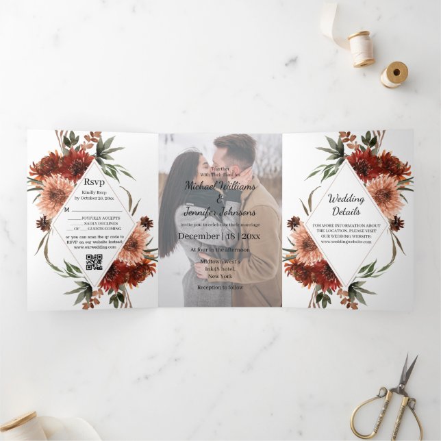 Terracotta Fall Watercolor Wedding photo Tri-Fold Invitation (Inside)