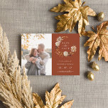 Terracotta Fall Wreath Wedding Photo Save The Date Announcement Postcard<br><div class="desc">This elegant save the date postcard features a beautiful wreath of watercolor terracotta,  taupe,  and brown leaves and flowers with a photo of the bride and groom on a terracotta background.</div>