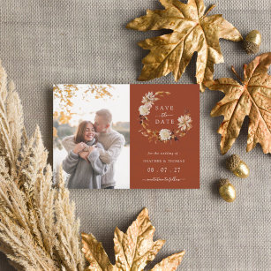 Terracotta Fall Wreath Wedding Photo Save The Date Announcement Postcard