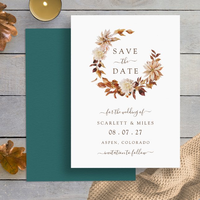 Terracotta Fall Wreath Wedding Save The Date (Terracotta Fall Leaves Wreath Wedding Save The Date by Painted Paperie
)