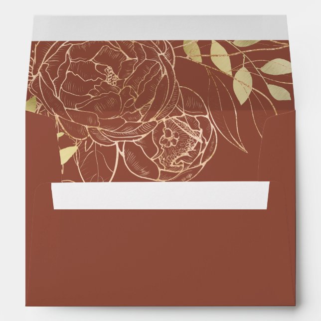 Terracotta & Faux Gold Peony Modern Floral Wedding Envelope (Back (Bottom))