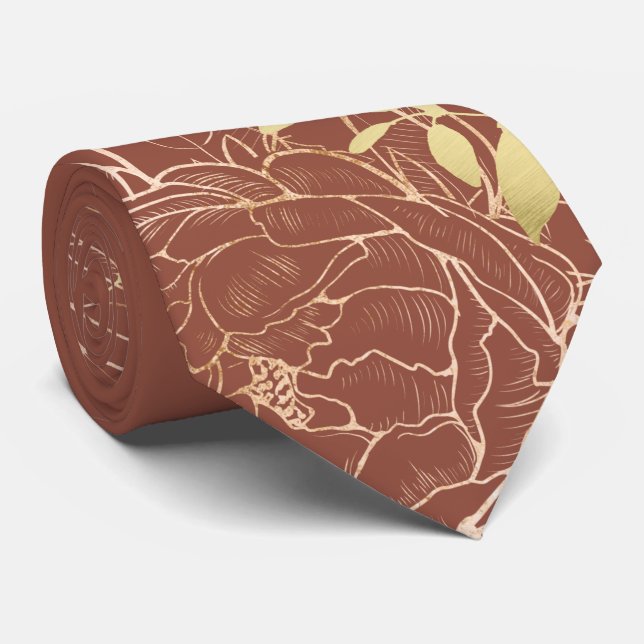 Terracotta & Faux Gold Peony Modern Floral Wedding Tie (Rolled)