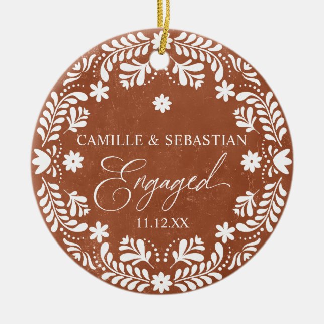 Terracotta First Christmas Engagement Photo Ceramic Tree Decoration (Front)