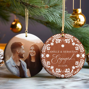 Terracotta First Christmas Engagement Photo Ceramic Tree Decoration