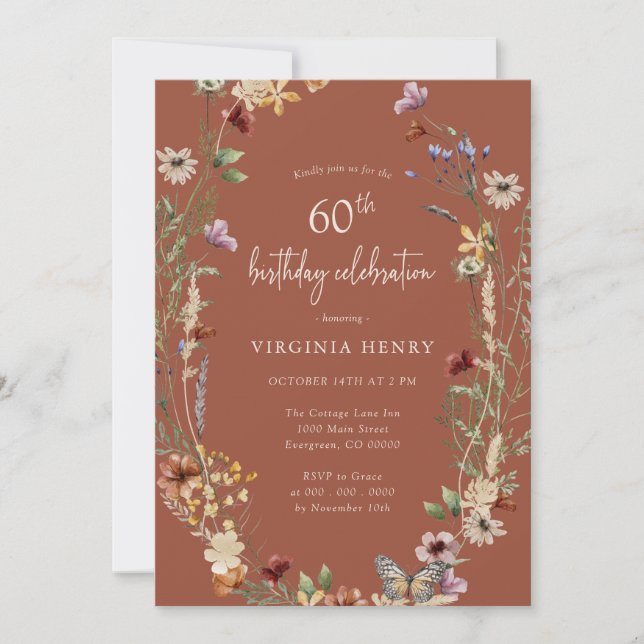 Terracotta Floral 60th Birthday Party Invitation (Front)