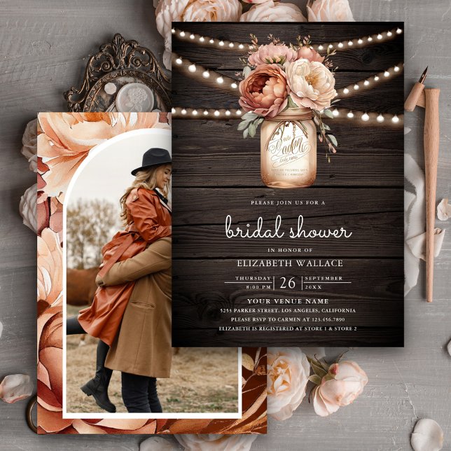 Terracotta Floral Barn Wood Photo Bridal Shower Invitation (Creator Uploaded)