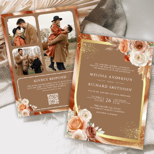 Terracotta Floral Beige Gold Photo QR Code Wedding Invitation