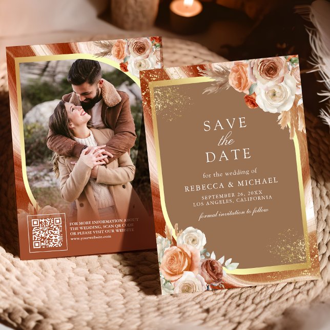 Terracotta Floral Beige Gold QR Code Photo Wedding Save The Date (Creator Uploaded)