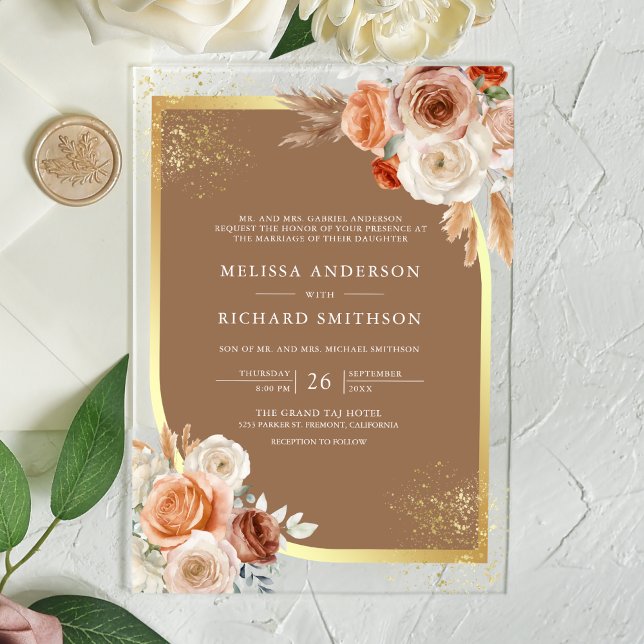 Terracotta Floral Beige Gold Wedding Acrylic Invitations (Creator Uploaded)