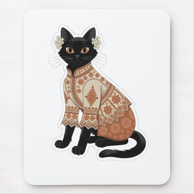 Terracotta Floral Black Cat Graphic Mouse Pad (Front)