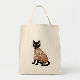 Terracotta Floral Black Cat Wall Art Poster Tote Bag